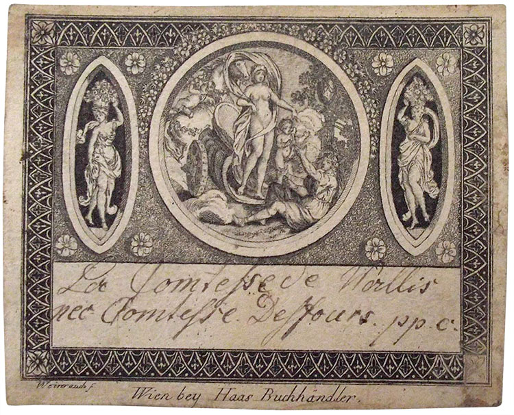 Vorgedruckte Visitenkarte mit handschriftlicher Aufschrift "La Comtesse de Wallis née Comtesse Desfours p.p.c." (Gräfin Wallis, geborene Desfours, um Abschied zu nehmen), Wien um 1800. (Foto: wikipedia.org | gemeinfrei)